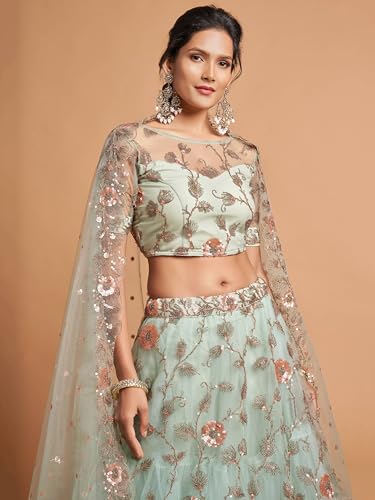 Zeel Clothing Women's Soft Net Embroidered Semi-Stitched Wedding Lehenga Choli with Dupatta (7314-SkyBlue-Wedding-Bridal-Lehenga-Choli; Free Size)