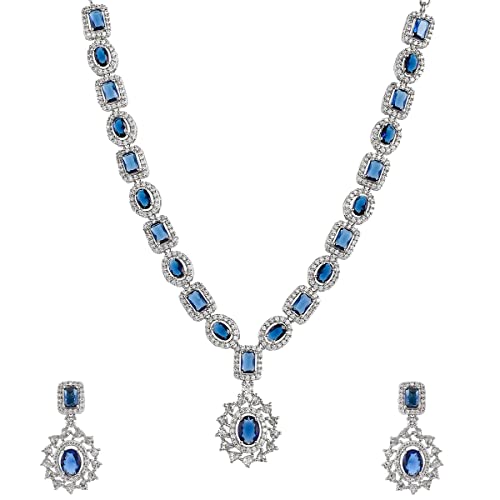 VOYLLA VoyllaSparkling Elegance Royal Blue and White CZ Brass Silver Plated Jewellery Set