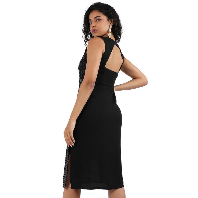 Campus Sutra Women's Black Self-Design Dress with Sequin Detail for Casual Wear | Sleeveless | Polyester Knee Length Dress Crafted with Comfort Fit and High Performance for Everyday Wear (M)