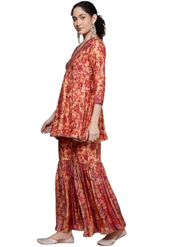 Aarke Ritu Kumar Rust Lavish Loom 3/4 Sleeve Kurta With Sharara And Dupatta