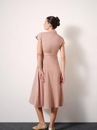 FableStreet Women Dress Workwear | Fit & Flare Shirt Collar Cap Sleeve Solid Shirt Dress | Smooth Stretchable Fabric with Belt & Pockets for Work Pink