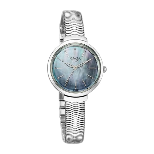 Titan Raga Viva Glam Plain 3 Hands Green Round Dial Silver A1Stainless Steel Strap Women's Watch - NU2737SM01