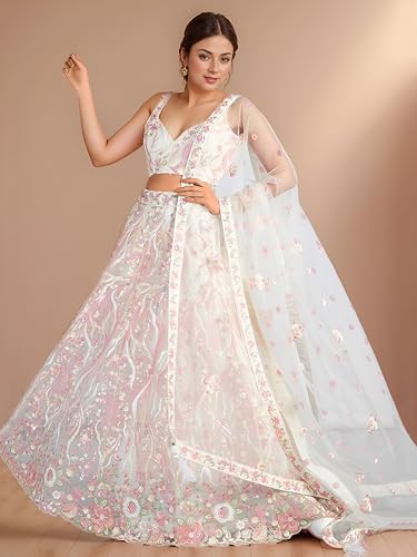 Zeel Clothing Women's Sequins Embroidered Work Soft Net Designer Lehenga Choli With Dupatta (6033-White-Wedding-Stylish-Lehenga-Choli-Latest; Free Size)