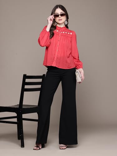 Label RITU KUMAR Red Emery Crew Neck Full Sleeves Shirt