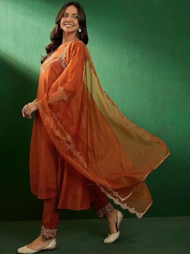 TRENDMALLS Women's Silk Embroidery A line Kurta Pant Set with Dupatta (G263-Orange-M-)