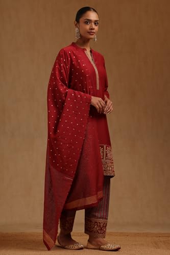 Soch Womens Maroon Chanderi Solid Suit Set With Zari