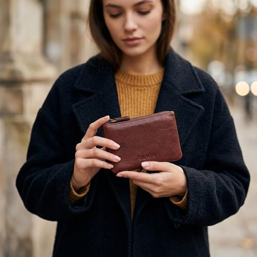 Calfnero Women's Genuine Leather Wallet-Long Purse Wallet, Zip Pocket and Note Compartments (Brown)