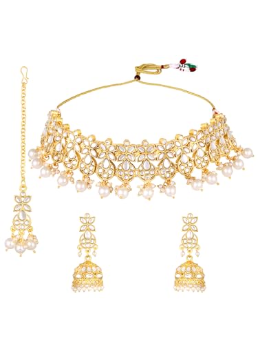 OOMPH Jewellery Kundan Jadau Ethnic Choker Necklace Set - with Jhumka Earrings & Maangtikka For Women & Girls Stylish Latest (DPSET151_Z)- For Women & Girls Stylish Latest
