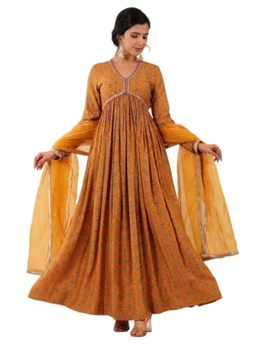 Peachmode Mustard Patola Printed Muslin Gown with Dupatta Dress for Women, Party, Haldi, Engagement