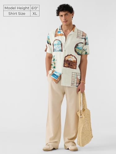 The Souled Store Vintage Pane Men and Boys Short Sleeve Spread Collar Off White All Over Print Easy to Style Casual Funky Lightweight Regular Fit Cotton Holiday Shirt
