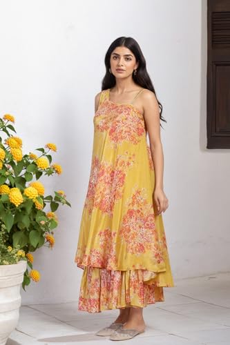 W for Woman Yellow Floral Printed Zari Work A-Line Tissue Dress - (W13202-126222-XS)