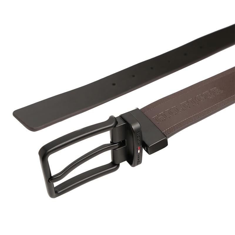 Tommy Hilfiger Men's Voborg Reversible Leather Belt - Embossed Logo Pattern - Dual Brown & Black For Classic Casual Styling & Gifting | Size M - 90 CM