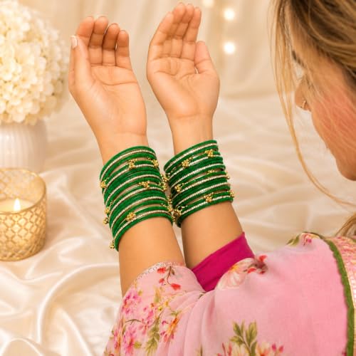 VRINIK Designer Velvet Glass Bangles for Women | Traditional Kashmiri Ghungroo & Golden Stone Bangle Set | Bridal Chudi for Wedding, Festivals, Karwa Chauth, Teej, Navratri|Luxury Gifts