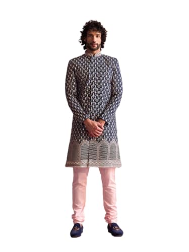 VASTRAMAY Men's Navy Blue And Pink Viscose Sherwani Set_VSHRMIW227NBnK169PNnVP2PN_40