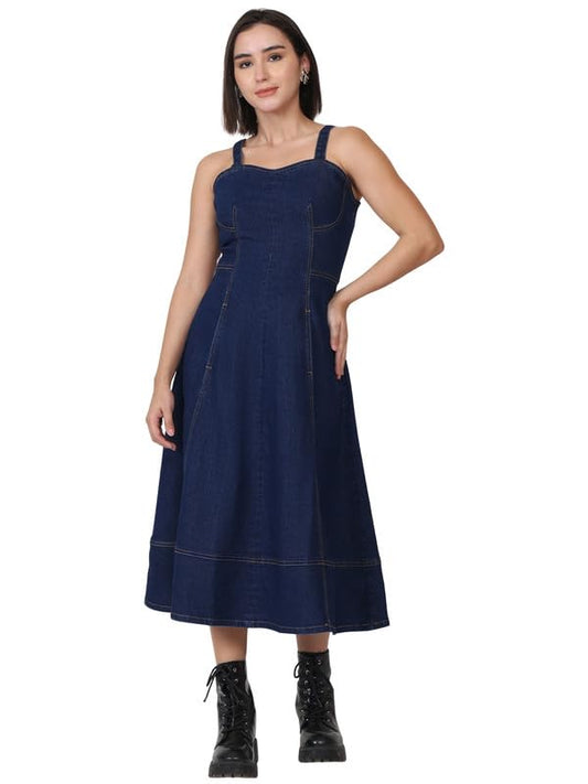 Puella Women’s Dark Blue Sleeveless Flared Denim Midi Dress | Sweetheart Neck | Fit & Flare Style | Stretchable Cotton | Casual Western Dress