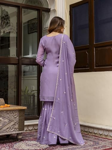 TRENDMALLS Women's Art Silk Embroidery Kurta Sharara Set with Dupatta (G313-LightPurple-L)