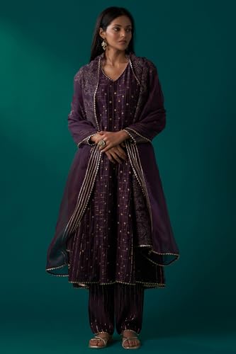 Wishful Women's Purple Embellished Dotted Jacquard Flared Kurta with Pants and Dupatta Set (SP12859-314546-M)