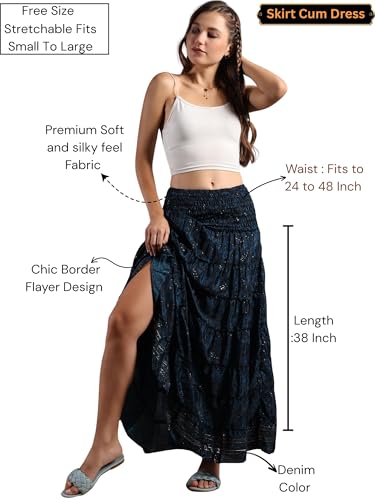 KE KANHA EXPORTs Convertible Skirt Dress for Women|Summer Skirt Dress Beach Wear|Boho Border Print Flared Design|Multicolor|Easily fits S-M-L|Bust 24-48 Inches Length 38 Inches|Boho Beach