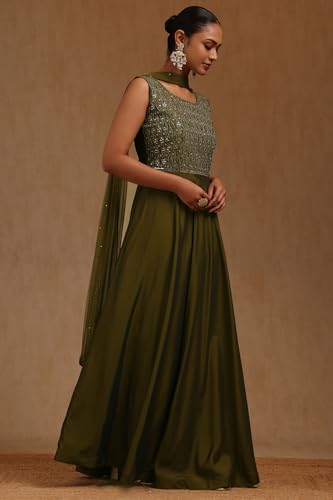 Soch Womens Olive Silk Embroidered Gown with Cutdana