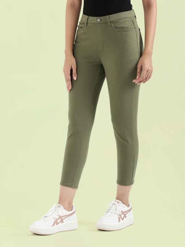 GO COLORS Soft Cotton Stretch Jeggings 7-8th Length for Women| Breathable, Mid Rise, Olive