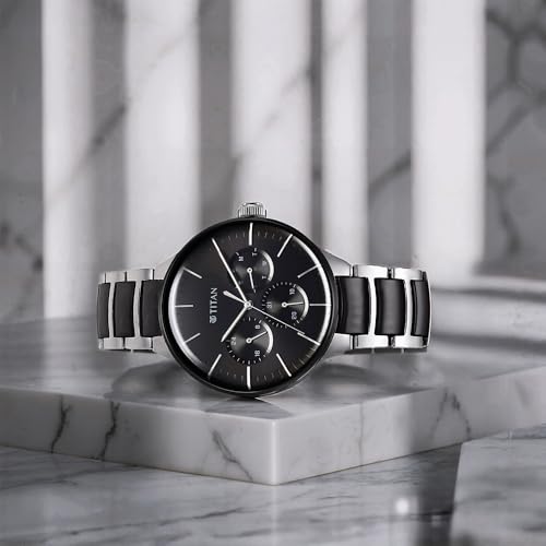 Titan Ceramic Fusion Quartz Multifunction Black Dial Two Toned Silver and Black Stainless Steel Bracelet Watch for Men - NT90148KD01
