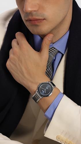 Titan Edge Fusion Quartz Analog Midnight Blue Dial Two Toned Silver Steel & Blue Ceramic Strap Watch for Men - NT1878KD02