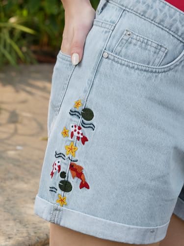 The Souled Store Denim Shorts: Koi Fish Women and Girls Buttoned Waistband Light Blue Embroidered Cotton Denim Regular Fit Lightweight All-Season Everyday Casual Shorts