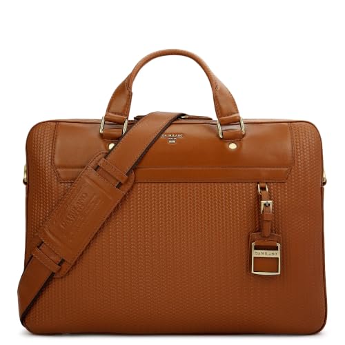 Da Milano Leather Laptop Bag for Men & Women | Laptop Messenger Bag | Ideal for Office Purpose | Fits Upto 15" Laptop - Cognac Brown