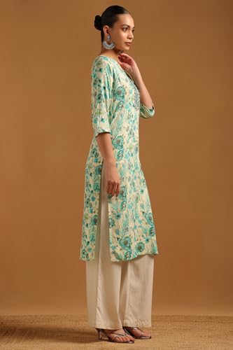 Soch Womens Off White Rayon Floral Print Kurta with Mirror Work