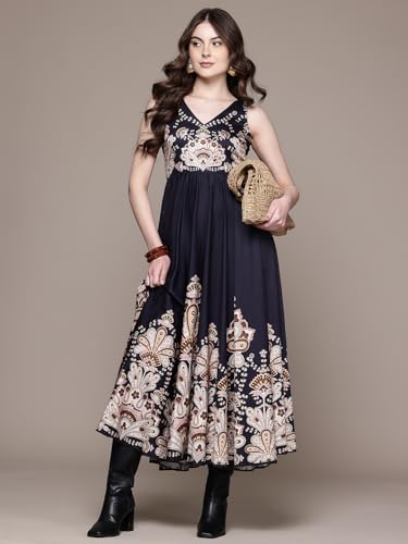 Label RITU KUMAR V Neck Sleevesless Printed Long Dress Black