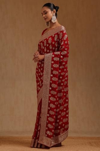 Soch Womens Red Georgette Embroidered Saree With Stone Work