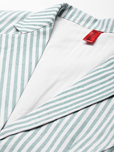 Cottinfab Women White & Green Striped Cotton Formal Single Breasted Blazer