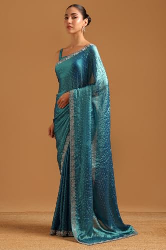 Soch Womens Turquoise Blue Fendy Organza Solid Embellished Swarovski Stone Detail Saree