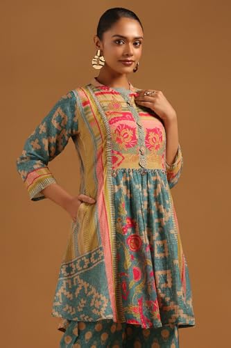 Soch Womens Turquoise Blue Chanderi Botanical Printed Co-Ords Set With Beads