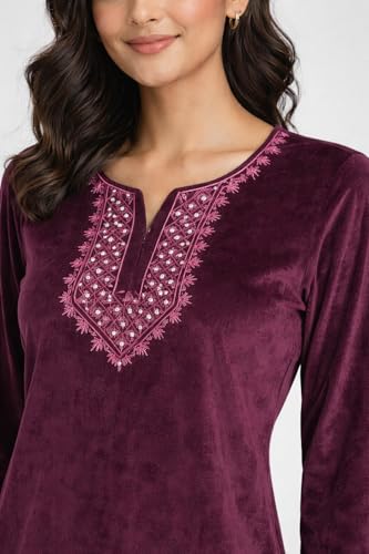 CAMEY Women Woolen|Winter Velvet Kurti & Pajama Set|Kashmiri Design Kurti Set (Wine, M)