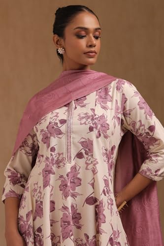 Soch Womens Onion Pink Pure Cotton Floral Print Suit Set Cutdana