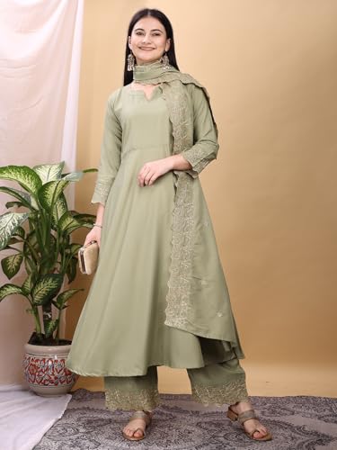 Granthva Fab Kurta Set for Women Silk Embroidered Anarkali Kurta with Palazzos and Dupatta (kurta set for women_BKG-1109-S_Light Green)