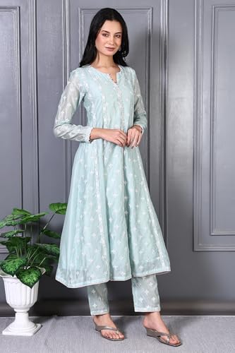 Wishful Women’s Thread Embroidered Silk Chanderi Flared Kurta and Straight Pant, Dupatta Set (Size: XL)-SP12468-400951
