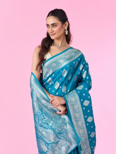MOHEY Women's Art Silk Woven Saree with Blouse Piece (Teal Blue)