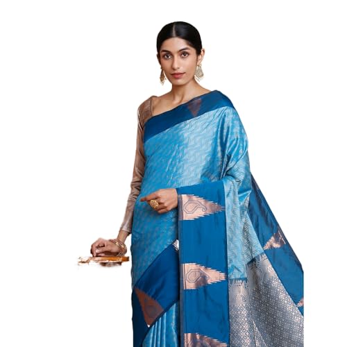 Kalyan Silks Women's Blue Silver Zig Zak Desigen Semi Silks Saree With Temple Border With Zari Blue Blouse
