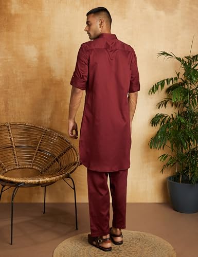 Amazon Brand - Symbol Men's Cotton Solid Kurta Sets (SYMETHSET-7_Burgundy L)
