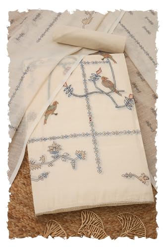 Soch Womens Cream Linen Blend Bird Motifs Unstitch Dress Material With Thread Work