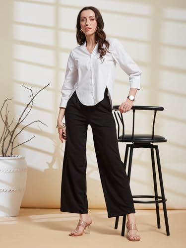 Latin Quarters Women's White Solid Spread Collar 3/4Th Sleeve Casual Shirt_XXL