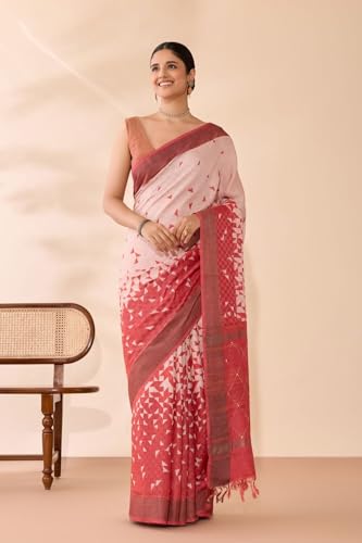 Taneira Women Red Bengal Pure Silk Screen Printed Saree with Unstitched Blouse Piece (SAIH01AC2219-Red)