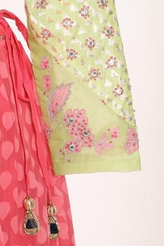 Wishful Women's Pink Mirror Work Embroidered Blouse with Skirt and Dupatta Set - (SP13598-225017-XL)
