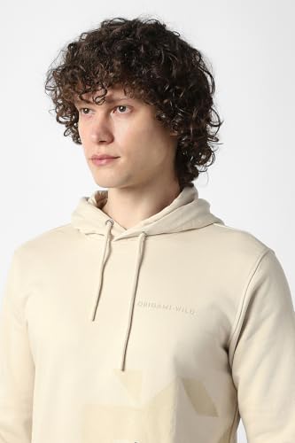 Men Beige Print Hooded Neck Sweatshirt