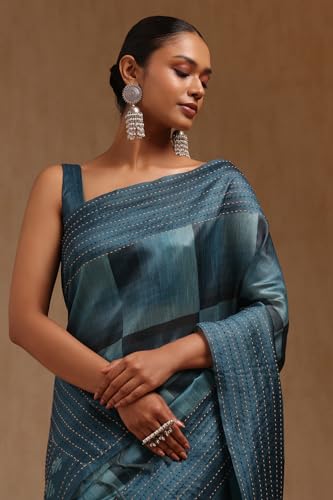 Soch Womens Teal Blue Chanderi Geometric Print Saree With Thread Work