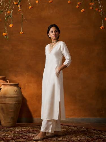 Varanga Women Champagne Beige A Line Kurta Trousers Set V Neck