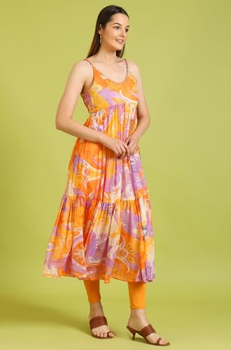 W for Woman Orange Abstract Printed Tiered Spaghetti Kurta and Leggings Set with Dupatta (Size: XL)-WS11527-123741