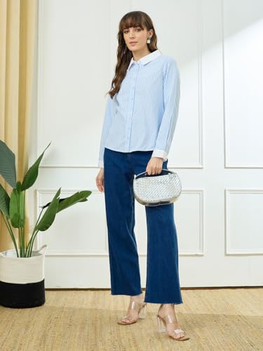 Latin Quarters Women's Blue Full Sleeves Collar Neck Casual Stripes Shirt_S